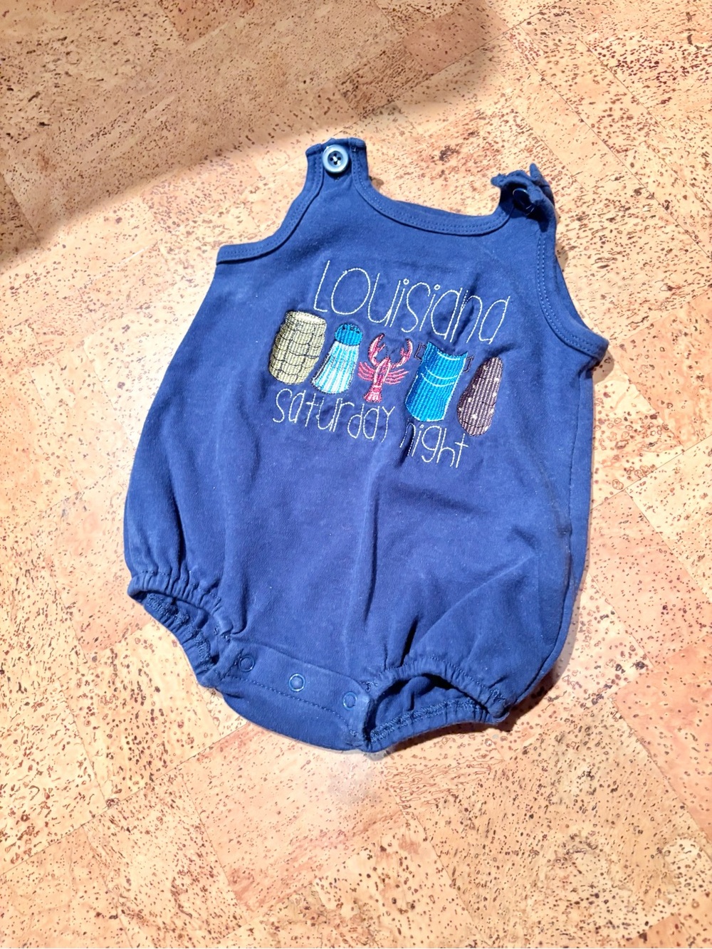 Navy Baby Romper with "Louisiana Saturday Night" Embroidery
